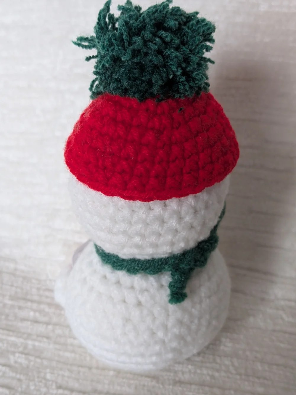 Crochet Snowman Plush with sign. removable Red Hat & Green Scarf